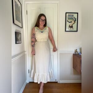 70s Vintage Cream Knit Maxi Dress w embroidered neckline